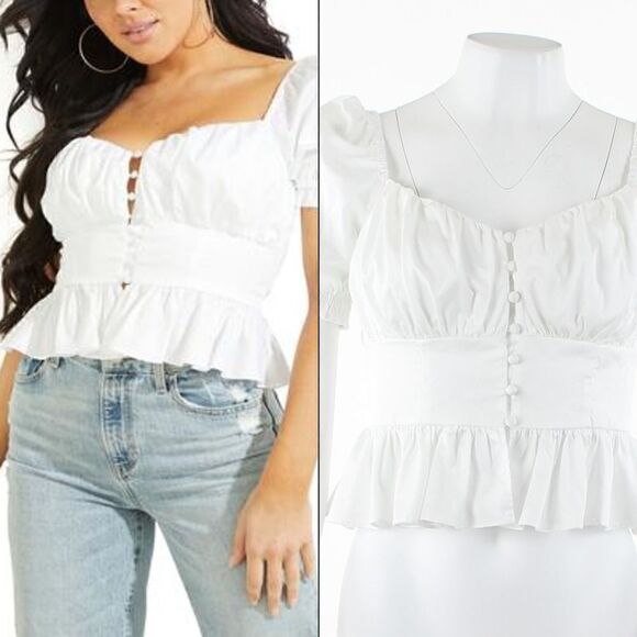 Guess Tops - GUESS Womens Sweetheart-Neck Peplum Pure White